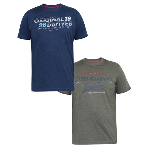 D555 Falcon 2 Pack Originals Print Crew Neck T-Shirt Navy Marl Khaki Marl